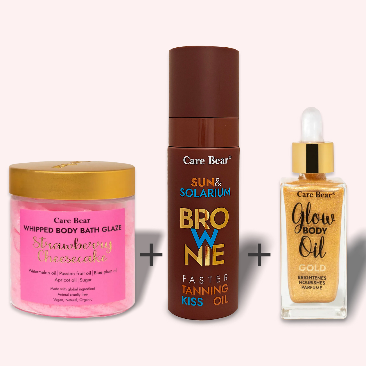 Pachet promoțional de Ulei pentru bronz rapid și intens + SCRUB EXFOLIANT CU CĂPȘUNI ȘI CHEESECAKE GLAZE + ULEI DE CORP GOLD